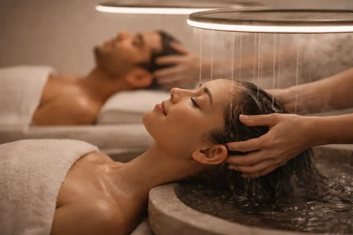 Two guests relaxing side by side during a couples head spa session