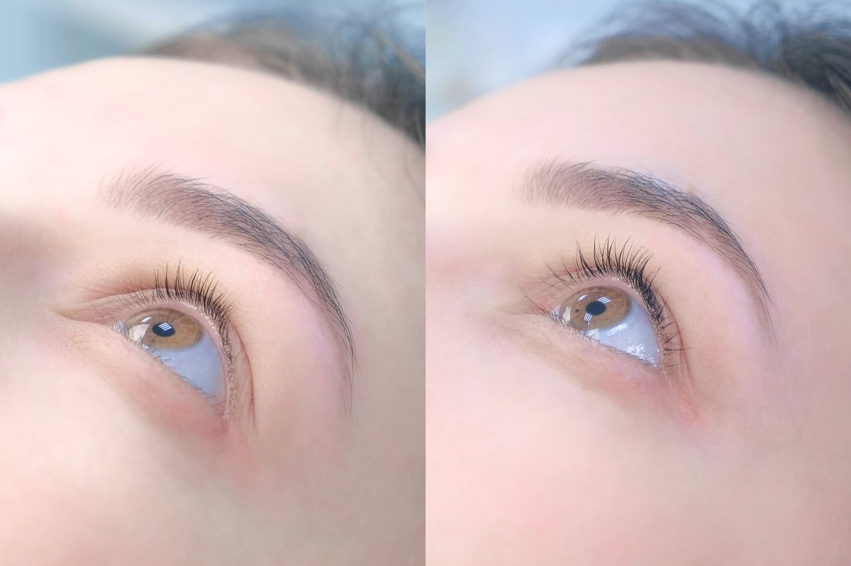 Collage of woman's eye before and after lashes lifting and lamination, closeup view showing long and voluminous eyelashes result