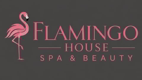 Flamingo House Spa and Beauty logo featuring a pink flamingo icon with elegant text on dark background